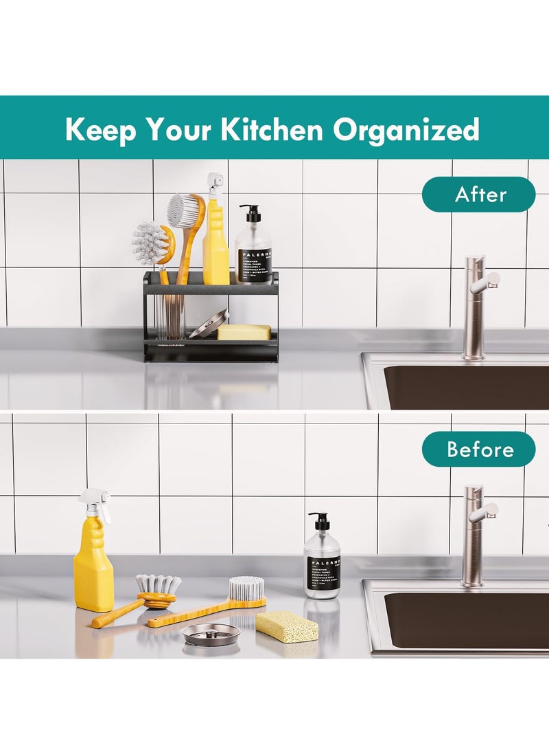 SYOSI Sponge Holder for Kitchen Sink, 2-Tier Rustproof Sink Organizer with Detachable Brush Holder, Auto-Draining Sink Caddy for Dish Soap, Brush, Scrubber, and Kitchen Accessories Storage, Black - Image 4