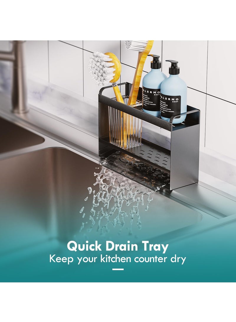 SYOSI Sponge Holder for Kitchen Sink, 2-Tier Rustproof Sink Organizer with Detachable Brush Holder, Auto-Draining Sink Caddy for Dish Soap, Brush, Scrubber, and Kitchen Accessories Storage, Black - Image 5