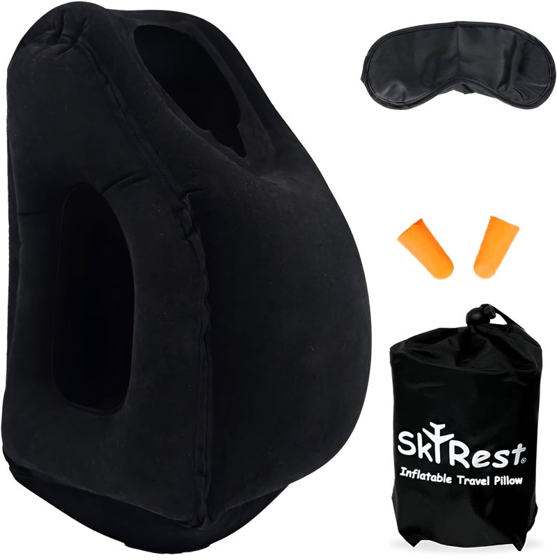Skyrest®️ Inflatable Travel Pillow for Buses, Comfortably Support Head, Air Pillow for Sleeping to Avoid Neck, Lumbar and Shoulder Pain, Pillows for Airplanes Buses Cars Office (Black) - Image 1
