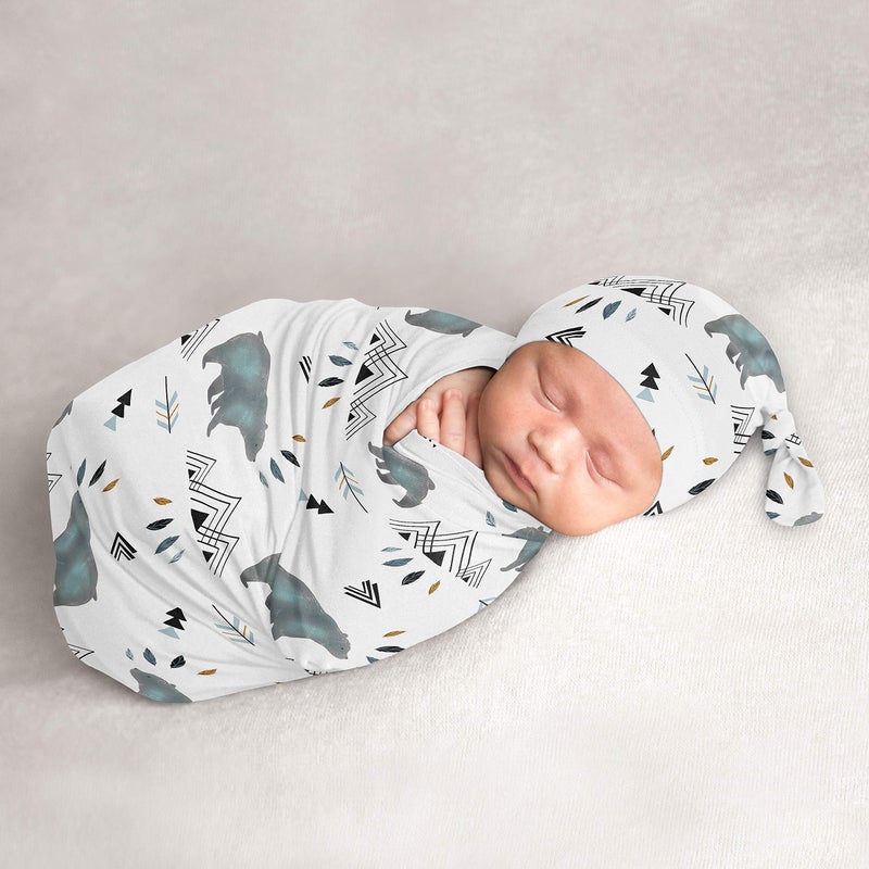 Sweet Jojo Designs Sweet Jojo Designs Bear Mountain Baby Boy Cocoon and Beanie Hat 2pc Set Jersey Stretch Knit Sleeping Bag for Infant Newborn Nursery Sleep Wrap Sack Slate Blue and Black Woodland Forest Animal