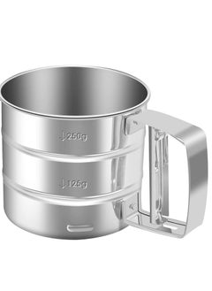"Stainless Steel Flour Sifter with Measurement for Sugar and Flour, Fine Mesh Strainers for Food with Handle, Double Layer Bread Sifter, One-Handed Crank Pressure Sifter, Flour Sifter for Baking, Round Fine Mesh Strainers, One-Handed Pressure Design from Stainless Steel, Multi-Purpose Fine Mesh Strainers, Large Capacity Flour Sifter Cup for Baking and Kitchen."