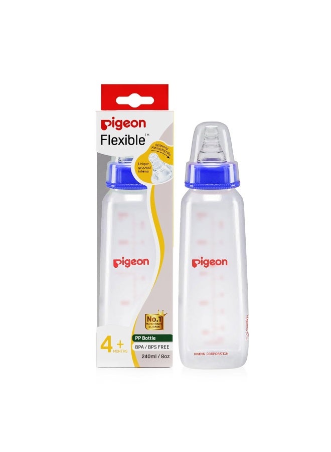 pigeon زجاجة رضاعة/تغذية للأطفال بتقنية الحركة الدودية بحلمة KPP M، للأطفال من 4 أشهر فما فوق، خالية من BPA، خالية من BPS، قاعدة مربعة، زرقاء، 240 مل - Image 1