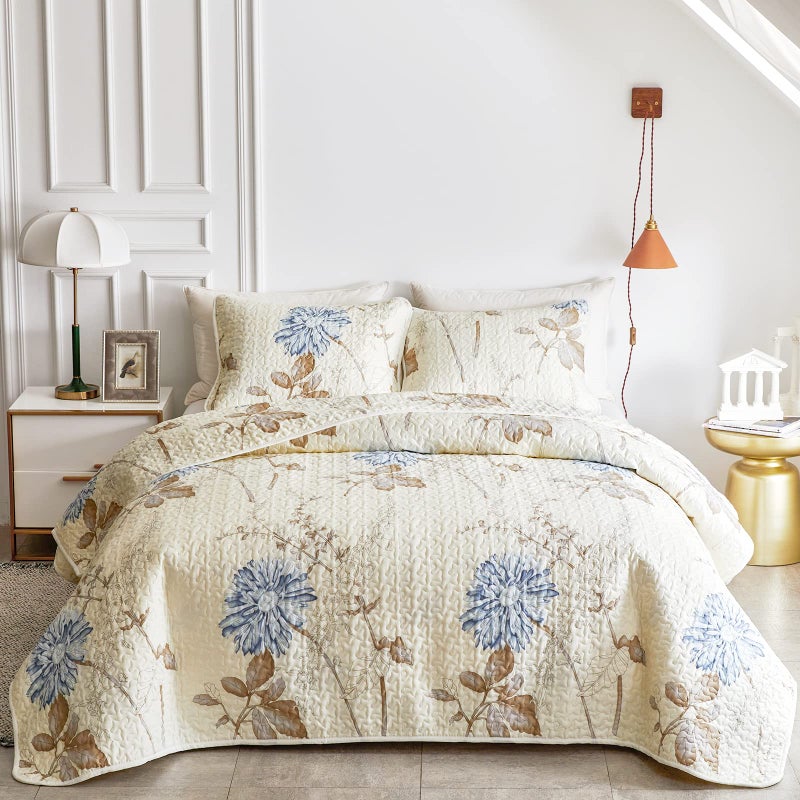 Joyreap 3 Pieces Microfiber Quilt Set Elegant Flower Botanical Reversible Design Bedspread Bed Cover for All Season 1 Quilt and 2 Pillow Shams FullQueen 90x90 inches