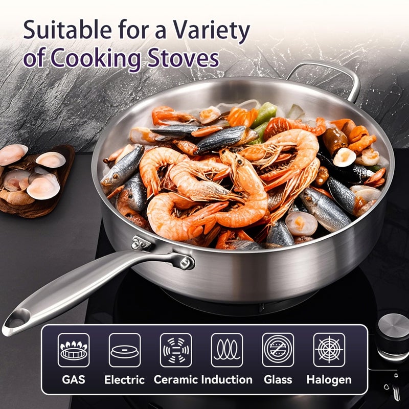 LOLYKITCH 5 Quarts Tri-Ply Stainless Steel SautÃ© Pan wih Lid, 12 Inch Deep Frying Pan,Jumbo Cooker,Induction Cooking Pan,Dishwasher and Oven Safe,Detachable Handle. - Image 4