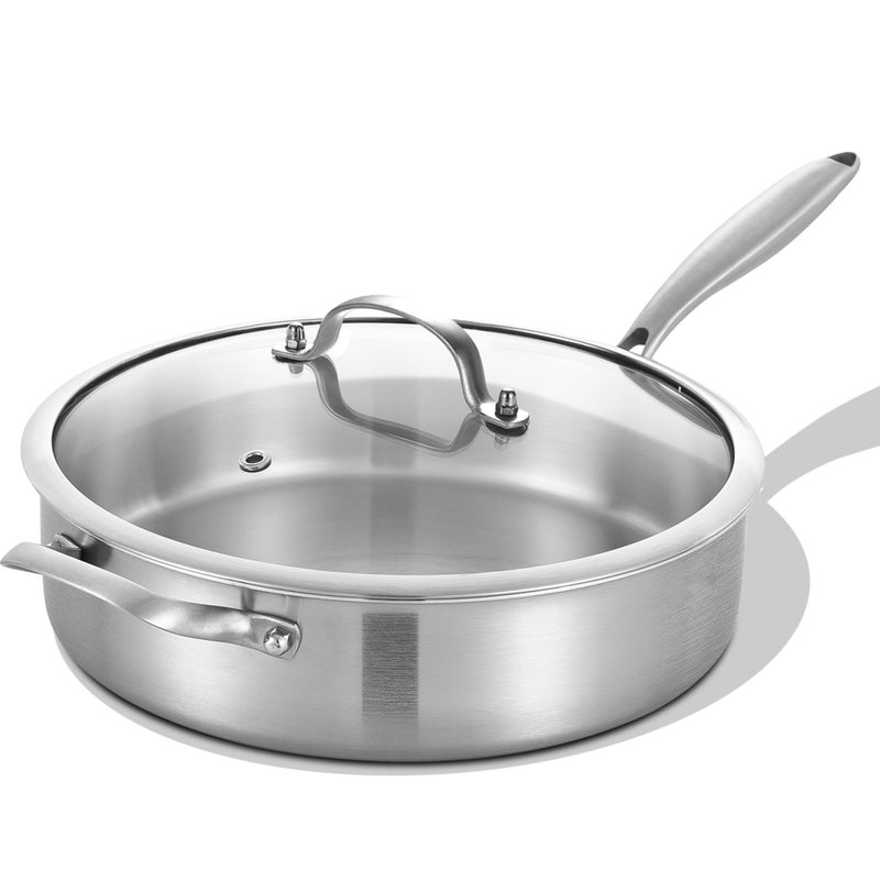 LOLYKITCH 5 Quarts Tri-Ply Stainless Steel SautÃ© Pan wih Lid, 12 Inch Deep Frying Pan,Jumbo Cooker,Induction Cooking Pan,Dishwasher and Oven Safe,Detachable Handle. - Image 1