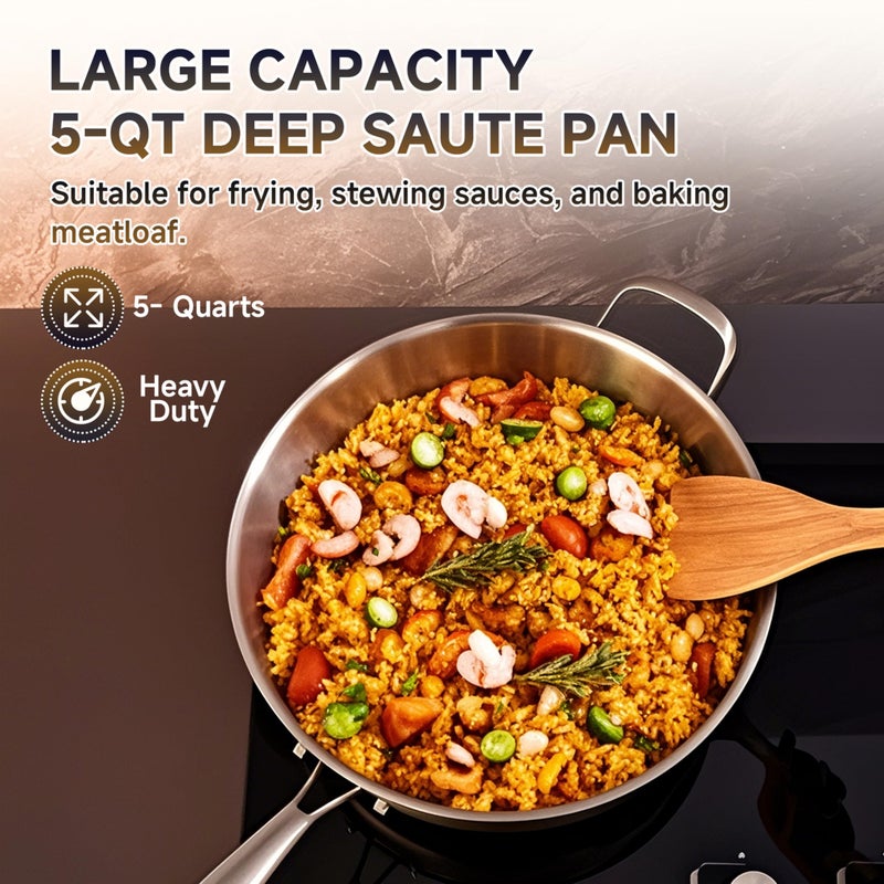 LOLYKITCH 5 Quarts Tri-Ply Stainless Steel SautÃ© Pan wih Lid, 12 Inch Deep Frying Pan,Jumbo Cooker,Induction Cooking Pan,Dishwasher and Oven Safe,Detachable Handle. - Image 2