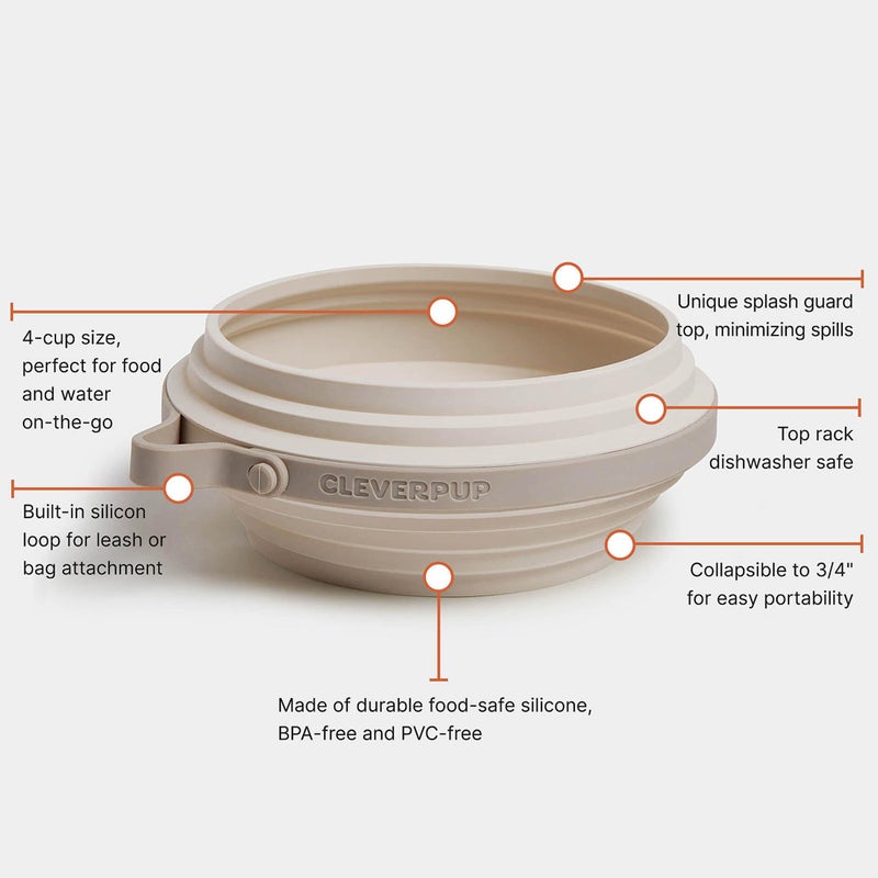 Cleverpup Nomad Large Collapsible Travel Dog Bowl - 4 Cup BPA-Free Silicone for Medium & Large Dogs, Portable, Food & Water, Dishwasher Safe - Sand - Image 4