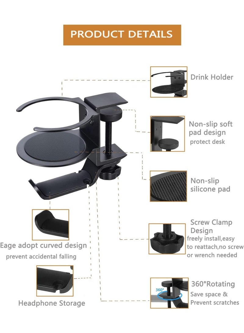 Bukela Desk Cup Holder, 2-in-1 Adjustable & 360° Rotating Office Gaming Desk Accessories for Under Desk Headphone Stand Hanging Headset, Holding Coffee Mug, Drinks, Water Bottle – Black - Image 2