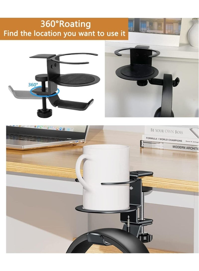 Bukela Desk Cup Holder, 2-in-1 Adjustable & 360° Rotating Office Gaming Desk Accessories for Under Desk Headphone Stand Hanging Headset, Holding Coffee Mug, Drinks, Water Bottle – Black - Image 5