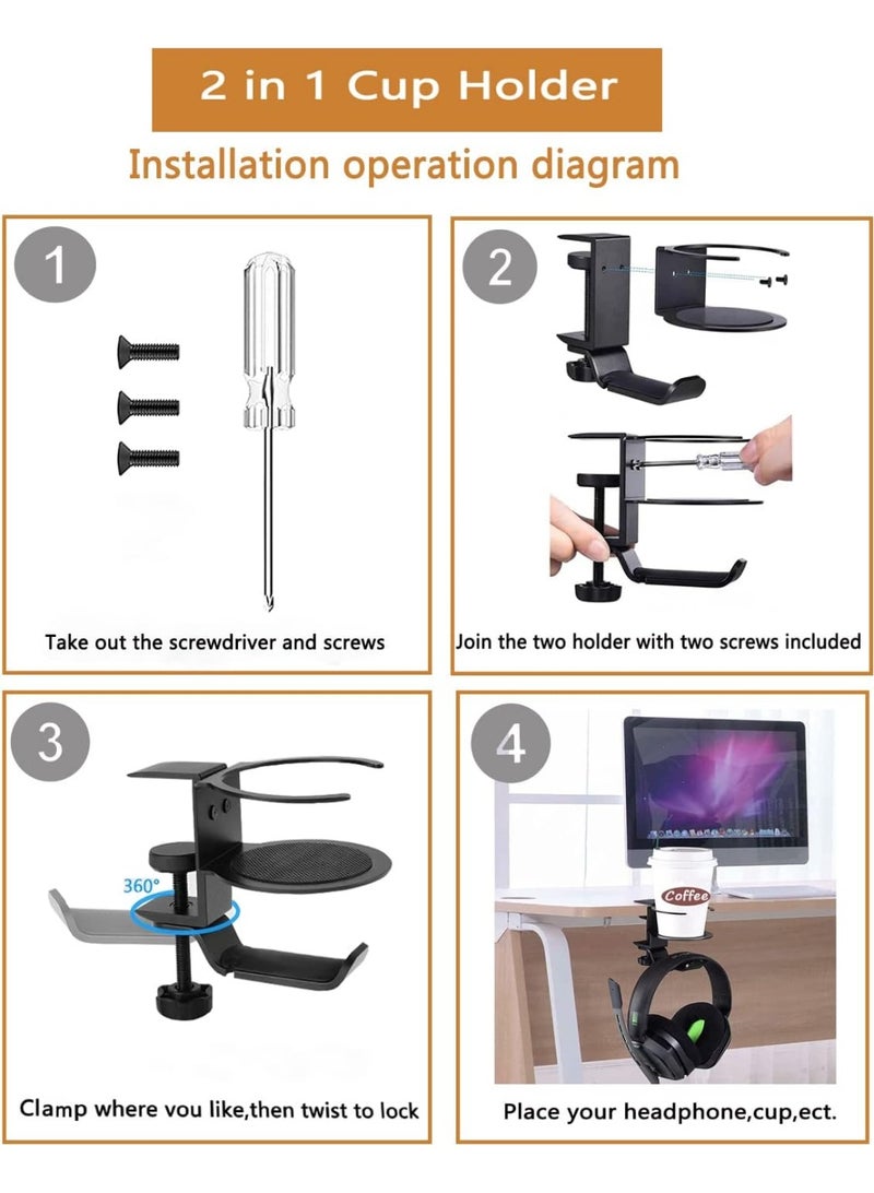 Bukela Desk Cup Holder, 2-in-1 Adjustable & 360° Rotating Office Gaming Desk Accessories for Under Desk Headphone Stand Hanging Headset, Holding Coffee Mug, Drinks, Water Bottle – Black - Image 3