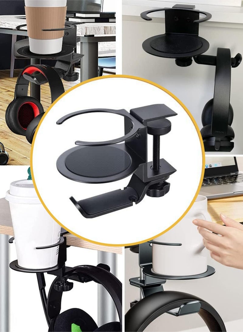 Bukela Desk Cup Holder, 2-in-1 Adjustable & 360° Rotating Office Gaming Desk Accessories for Under Desk Headphone Stand Hanging Headset, Holding Coffee Mug, Drinks, Water Bottle – Black - Image 1