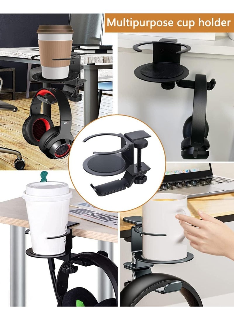 Bukela Desk Cup Holder, 2-in-1 Adjustable & 360° Rotating Office Gaming Desk Accessories for Under Desk Headphone Stand Hanging Headset, Holding Coffee Mug, Drinks, Water Bottle – Black - Image 4