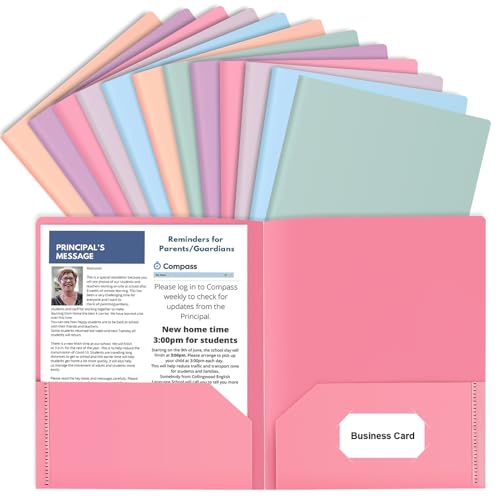 HABGP 12 Pack Colored File Folders with Pockets and Business Card Holder, Pastel Decorative Pocket Folders for Documents, Cute Plastic Folders for Filing Cabinet, School, Office, Resume Portfolio - Image 1