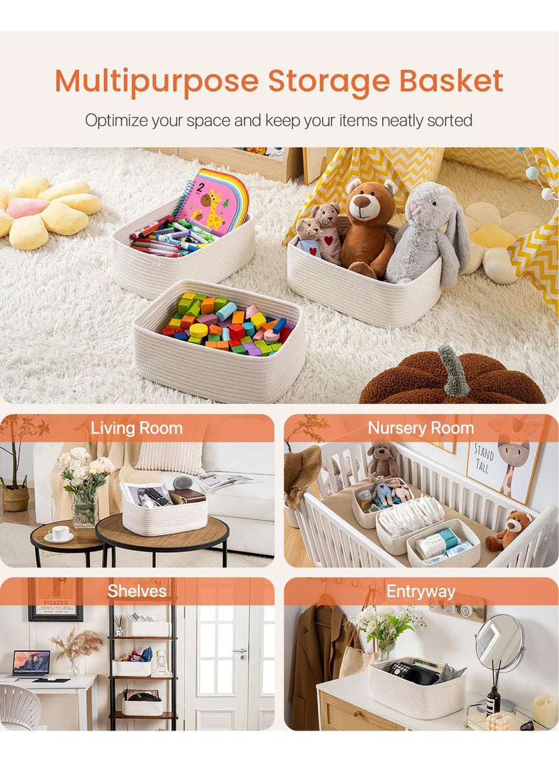 Uwals Small Woven Basket, 33X22X13CM, Storage Basket for Organizing, Cute Small Rope Shelf Closet Cube Storage Bins Baskets for Shelves, Dog Toy Basket, Gift Baskets Empty, 3 Packs, Off White  - Image 3