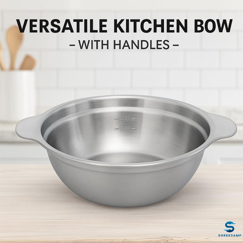 SHREESAMP وعاء بايلا من الفولاذ المقاوم للصدأ الفضي - مطروق يدويًا مع مقبضين مزدوجين، وعاء نودلز كوري غير لاصق، وعاء شوربة متعدد الاستخدامات للطهي والتقديم، أدوات طهي سهلة التنظيف للمطبخ - Image 3