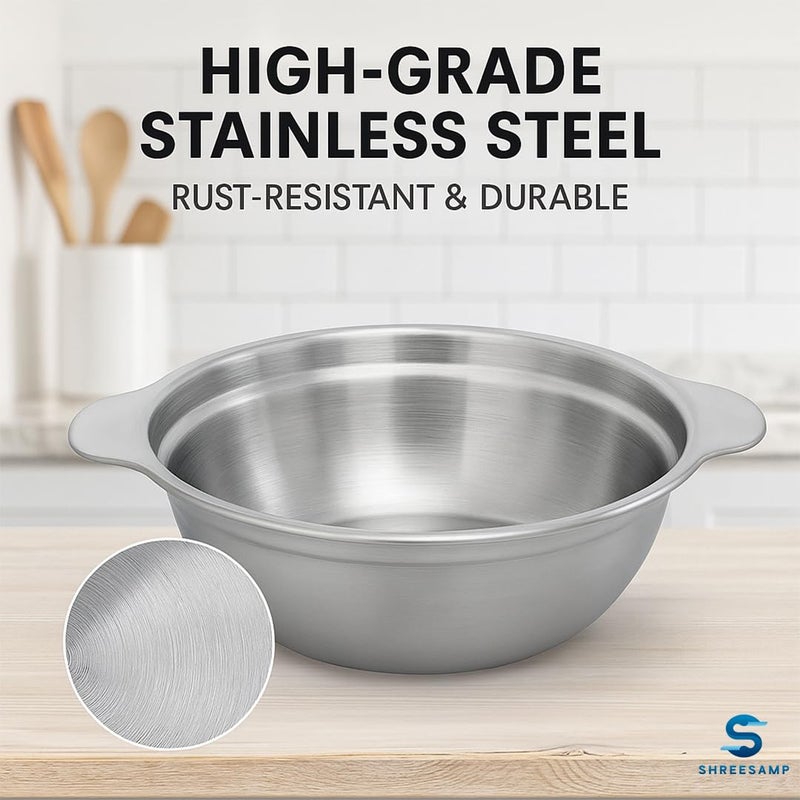 SHREESAMP وعاء بايلا من الفولاذ المقاوم للصدأ الفضي - مطروق يدويًا مع مقبضين مزدوجين، وعاء نودلز كوري غير لاصق، وعاء شوربة متعدد الاستخدامات للطهي والتقديم، أدوات طهي سهلة التنظيف للمطبخ - Image 2