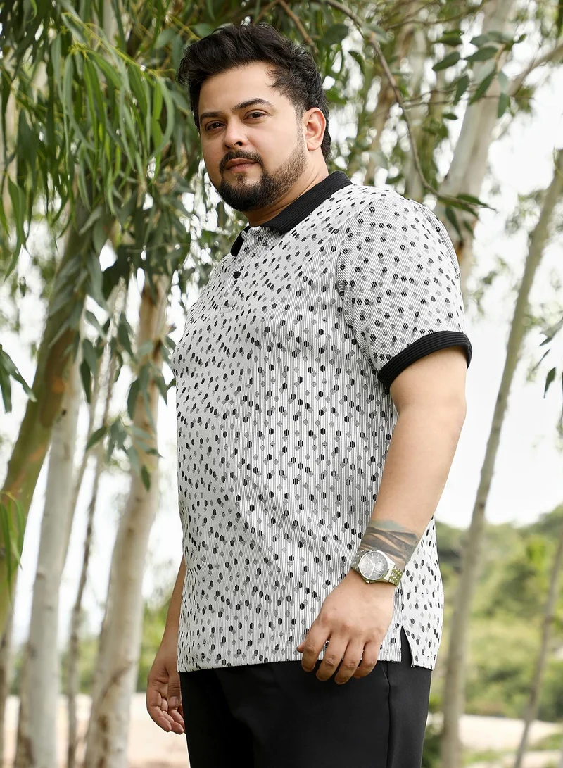 Instafab Plus Instafab Plus Men Shadowed-Polka Polo T-Shirt | Jacquard Polo Neck , Short Cuff Sleeves | Half-Button Closure , Straight Hem | Geometric Jacquard | Knit Fabric For Casual & Daily Wear | Cream White