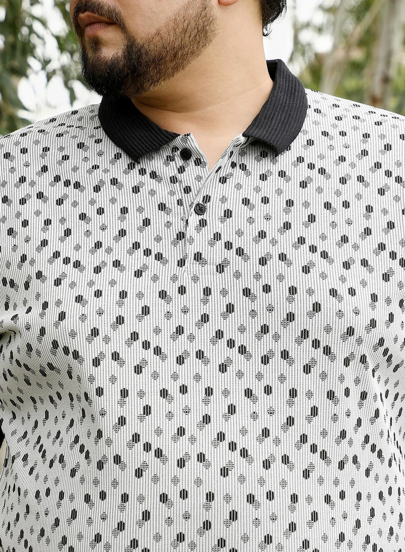Instafab Plus Instafab Plus Men Shadowed-Polka Polo T-Shirt | Jacquard Polo Neck , Short Cuff Sleeves | Half-Button Closure , Straight Hem | Geometric Jacquard | Knit Fabric For Casual & Daily Wear | Cream White