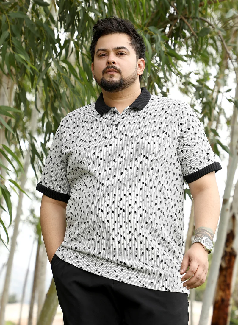 Instafab Plus Instafab Plus Men Shadowed-Polka Polo T-Shirt | Jacquard Polo Neck , Short Cuff Sleeves | Half-Button Closure , Straight Hem | Geometric Jacquard | Knit Fabric For Casual & Daily Wear | Cream White