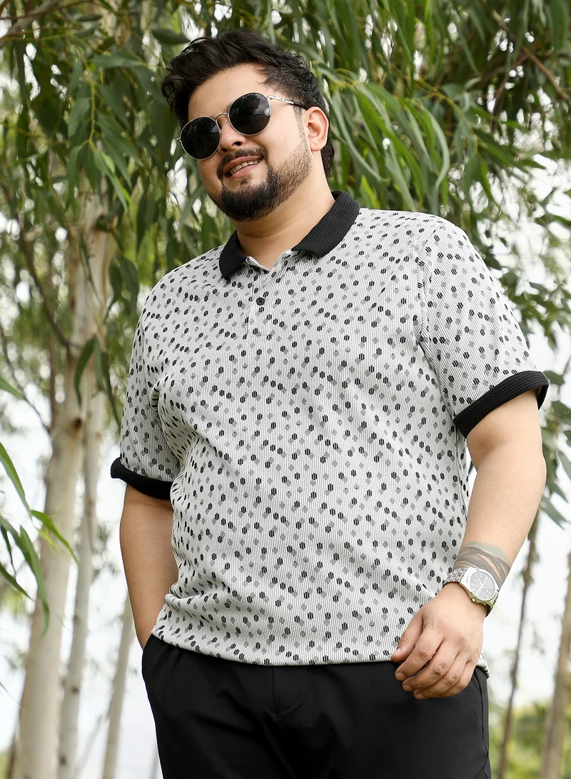 Instafab Plus Instafab Plus Men Shadowed-Polka Polo T-Shirt | Jacquard Polo Neck , Short Cuff Sleeves | Half-Button Closure , Straight Hem | Geometric Jacquard | Knit Fabric For Casual & Daily Wear | Cream White