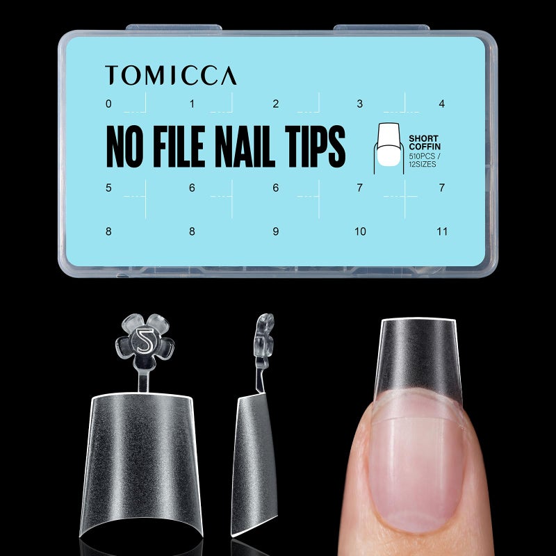TOMICCA Short Coffin Nail Tips, 510Pcs Acrylic Nails Half Cover Nail Tips, No C Curve Soft Gel Nail Tips Full Matte, Nail Extension Tips for Beginner and Professional DIY Nail Salon 12 Sizes - Image 1