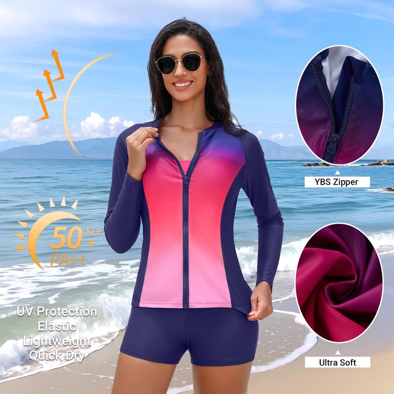 Holipick Pink Gradient Long Sleeve Swimsuits for Women - 3 Piece Rash Guard with Shorts Zipper SPF Swim Shirt with Built in Bra M - Image 3