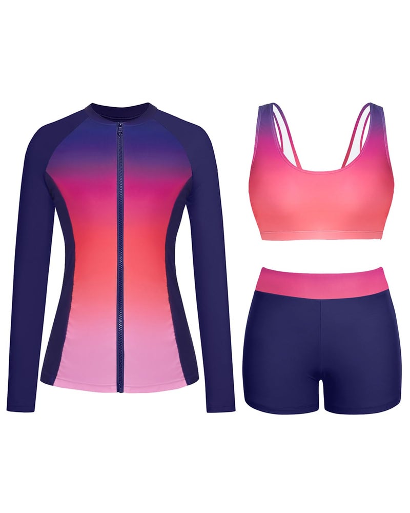 Holipick Pink Gradient Long Sleeve Swimsuits for Women - 3 Piece Rash Guard with Shorts Zipper SPF Swim Shirt with Built in Bra M - Image 1