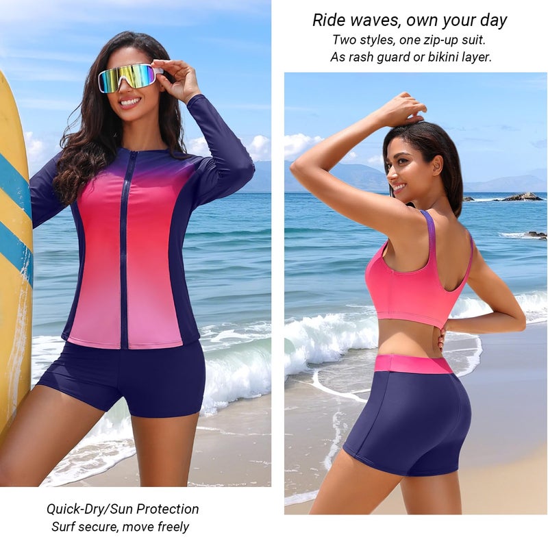 Holipick Pink Gradient Long Sleeve Swimsuits for Women - 3 Piece Rash Guard with Shorts Zipper SPF Swim Shirt with Built in Bra M - Image 2
