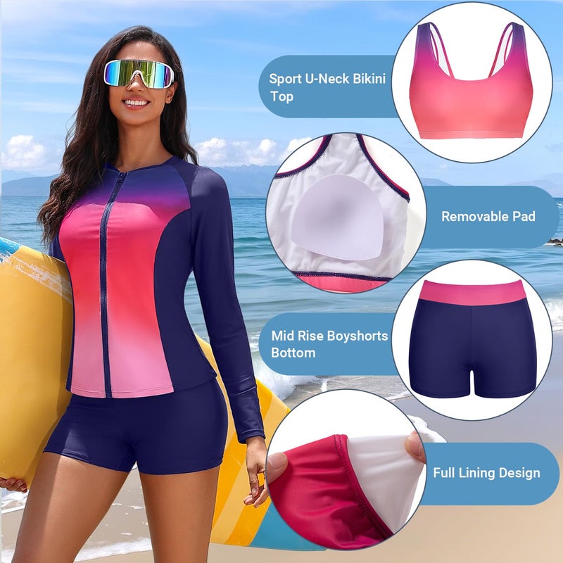 Holipick Pink Gradient Long Sleeve Swimsuits for Women - 3 Piece Rash Guard with Shorts Zipper SPF Swim Shirt with Built in Bra M - Image 4