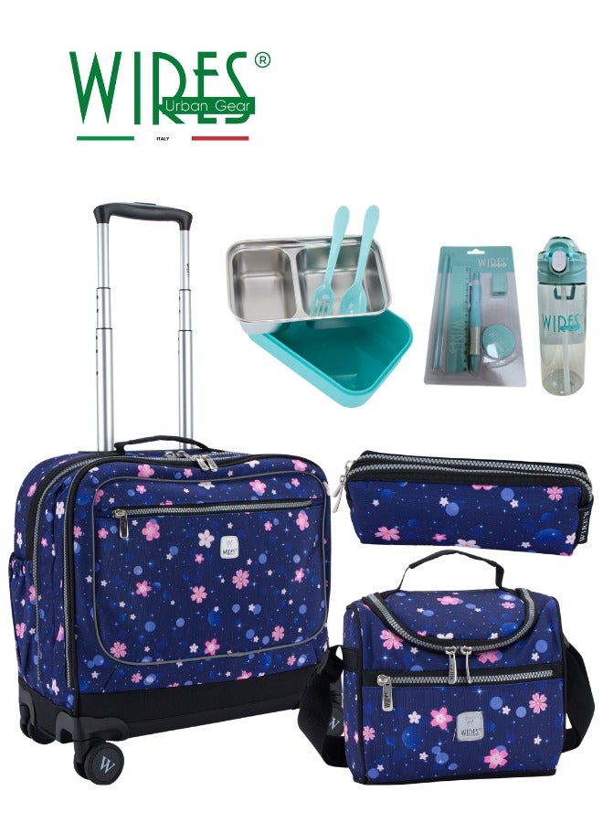 Wires 3 Piece Kids School Trolley Bag laptop compartment 8 Wheels With Lunch bag u0026 Pencil Case - Image 1