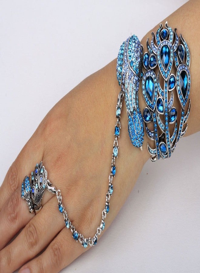 YACQ Women's Hinged Big Peacock Bracelet Slave Stretch Ring Set - Fit Wrist Size 6-1/2 to 7-1/2 Inch & Finger 7 to 9 - Lead Nickle Free - Halloween Costome Outfit (Blue) - Image 2