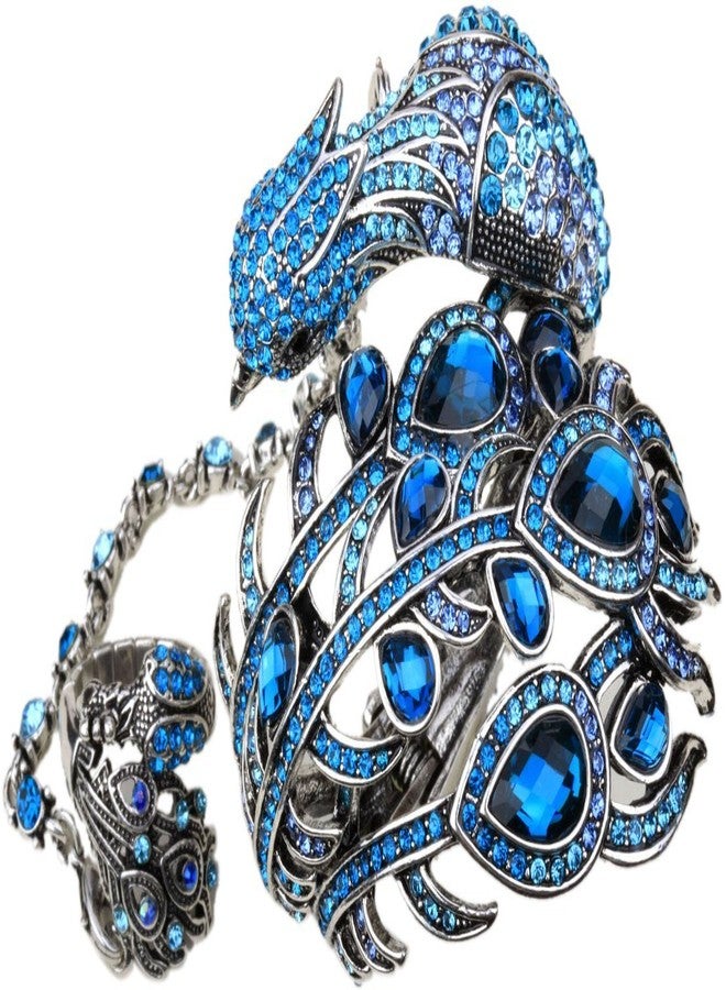 YACQ Women's Hinged Big Peacock Bracelet Slave Stretch Ring Set - Fit Wrist Size 6-1/2 to 7-1/2 Inch & Finger 7 to 9 - Lead Nickle Free - Halloween Costome Outfit (Blue) - Image 1