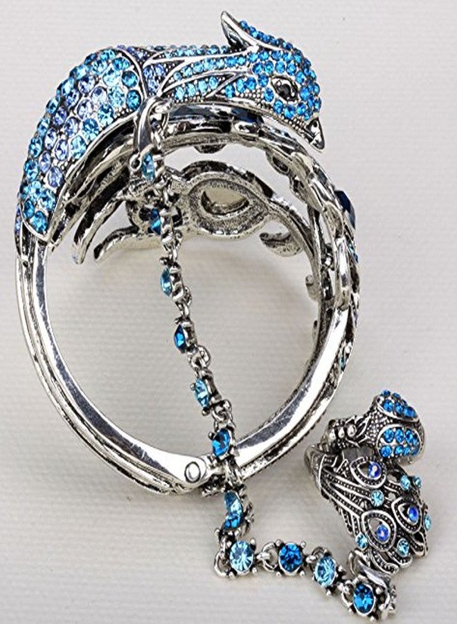 YACQ Women's Hinged Big Peacock Bracelet Slave Stretch Ring Set - Fit Wrist Size 6-1/2 to 7-1/2 Inch & Finger 7 to 9 - Lead Nickle Free - Halloween Costome Outfit (Blue) - Image 3