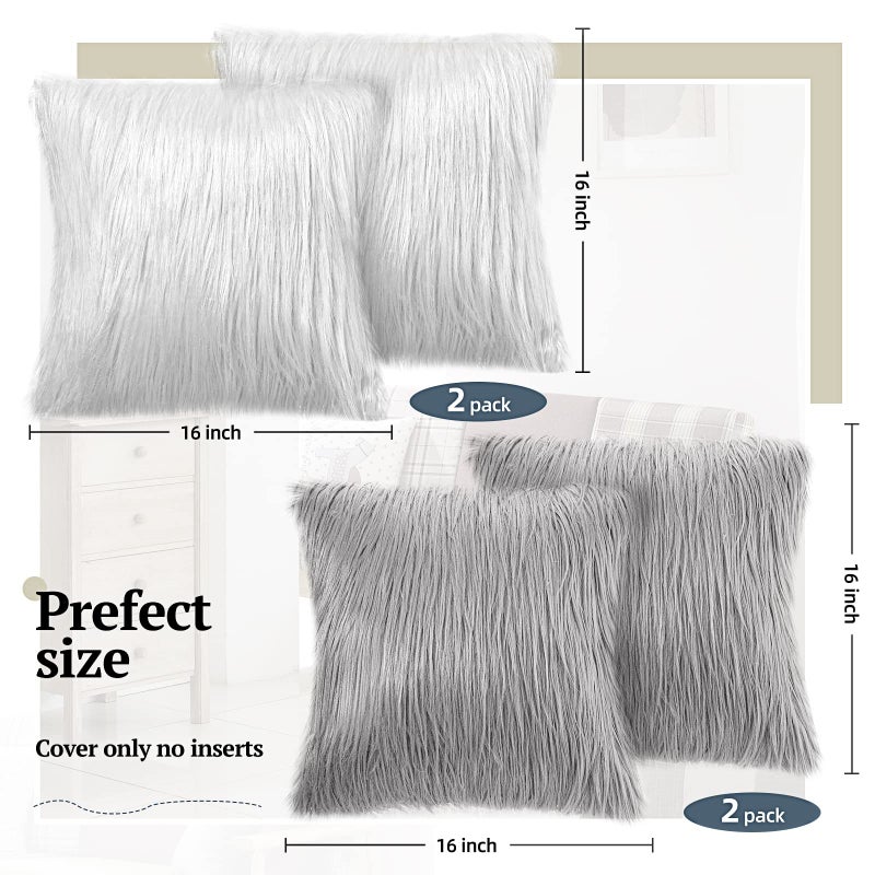 ايرينير Irenare 4 Pack Faux Fur Throw Cover Cover Coushion Cover Square Cover Fuzzy Case Case Discorative Pillowcase for Sofa Couch Chair Bed 16 × 16 Inch (Ray White) - Image 2