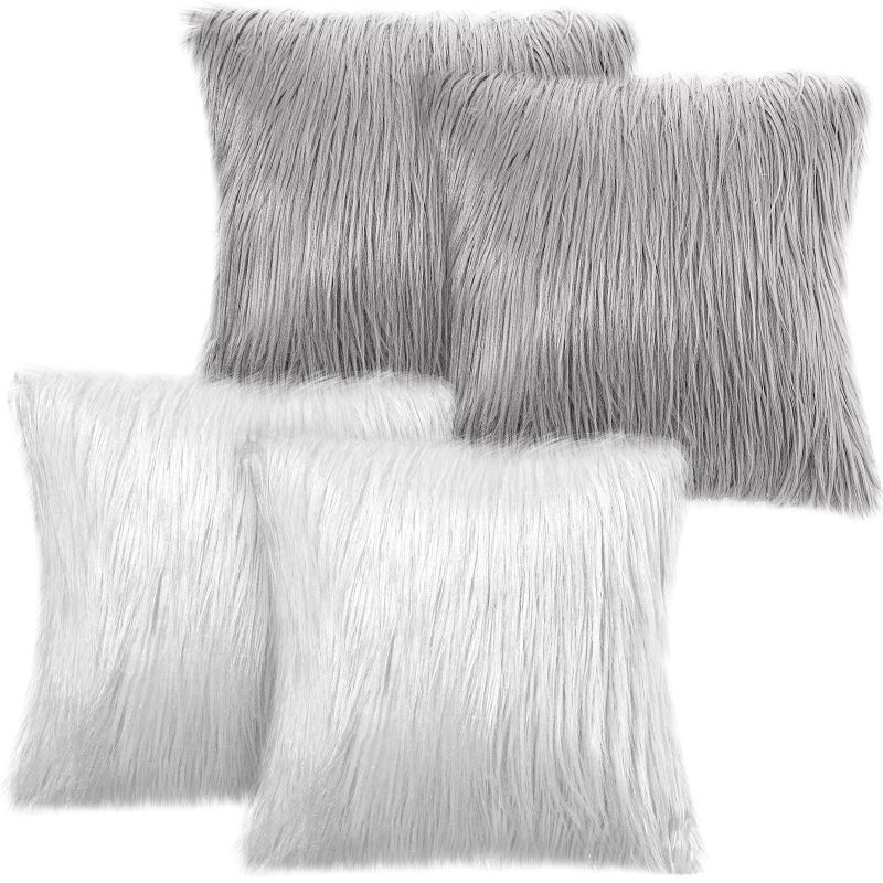 ايرينير Irenare 4 Pack Faux Fur Throw Cover Cover Coushion Cover Square Cover Fuzzy Case Case Discorative Pillowcase for Sofa Couch Chair Bed 16 × 16 Inch (Ray White) - Image 1