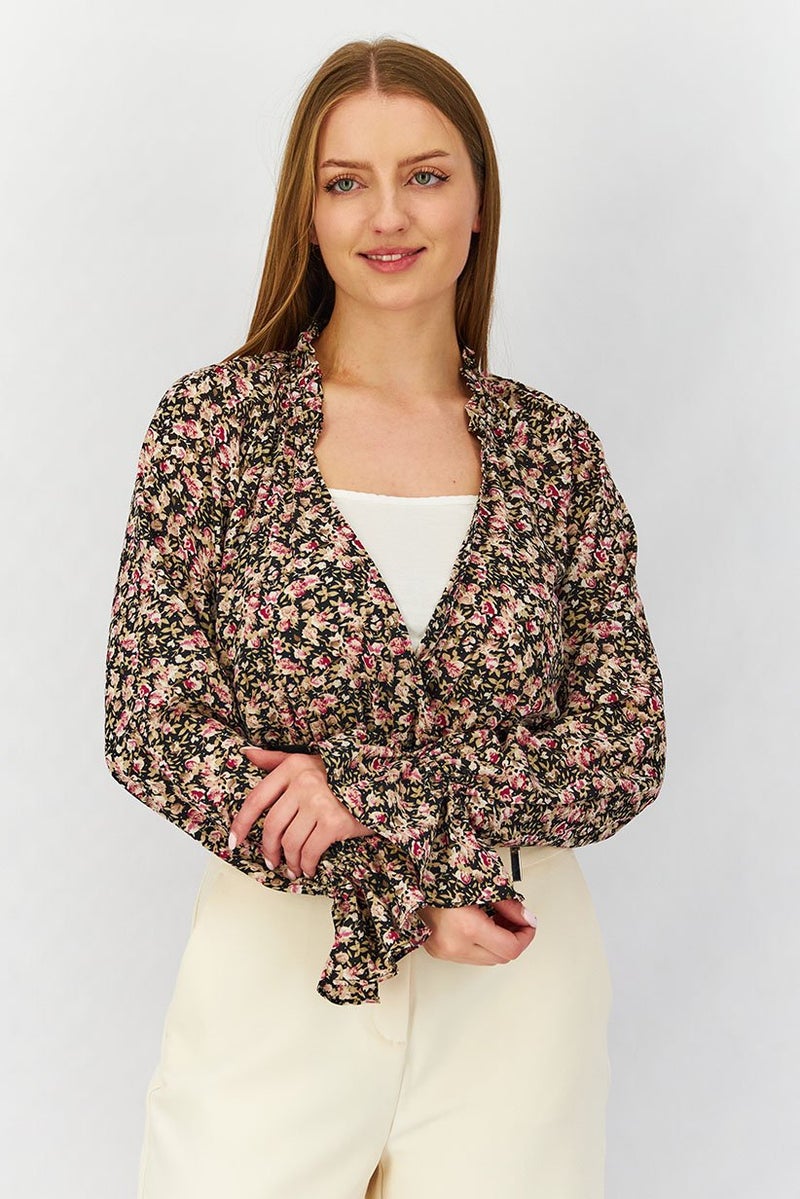 Missguided Women V-neck Long Sleeve Floral Print Bodysuit, Multicolor - Image 1