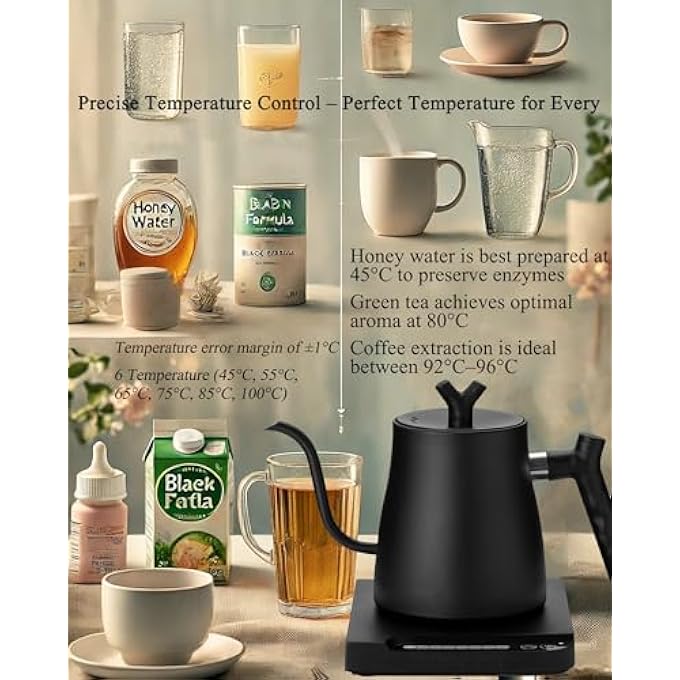 ALLESM 1000W Smart Electric Temperature Control Gooseneck Kettle 1L Electric Kettle Temperature Control Coffee KettleStainless Steel Electric Kettle With InsulationPour Over Teapot For Coffee And TeaBlack - Image 2
