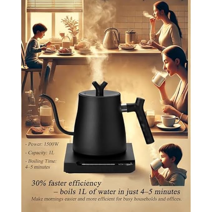 ALLESM 1000W Smart Electric Temperature Control Gooseneck Kettle 1L Electric Kettle Temperature Control Coffee KettleStainless Steel Electric Kettle With InsulationPour Over Teapot For Coffee And TeaBlack - Image 4