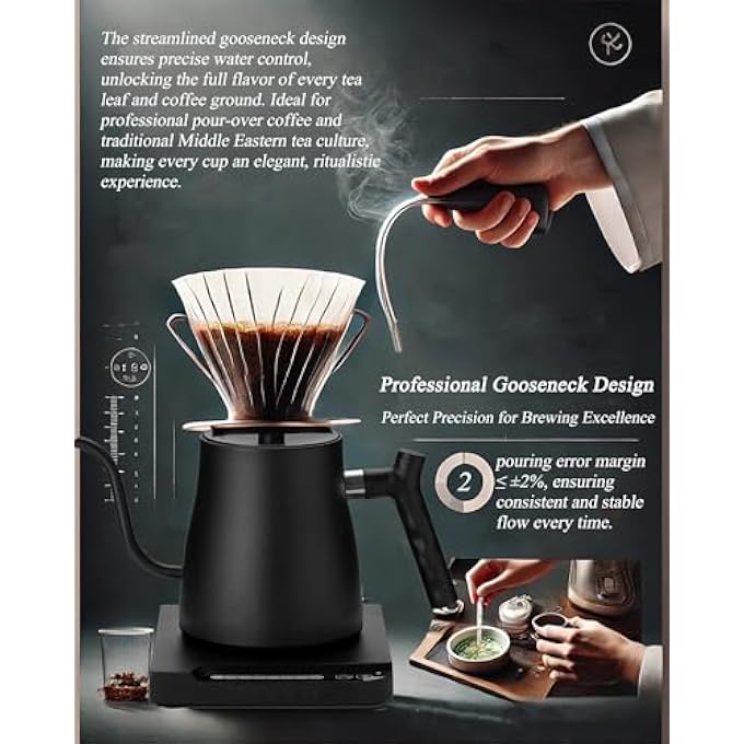 ALLESM 1000W Smart Electric Temperature Control Gooseneck Kettle 1L Electric Kettle Temperature Control Coffee KettleStainless Steel Electric Kettle With InsulationPour Over Teapot For Coffee And TeaBlack - Image 3