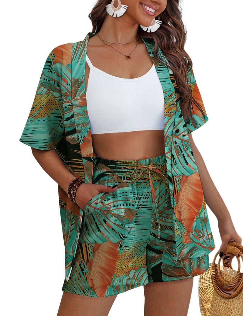 REDHOTYPE Women's Vacation Outfits Cover Ups Tropical Print Shorts Sets Hawaiian Summer Beachwear Orange Flower L - Image 1