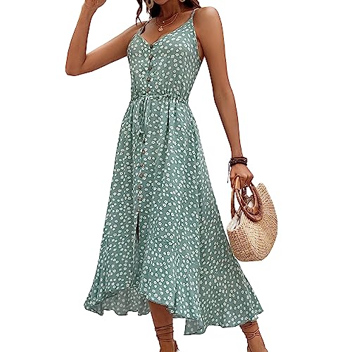 BROVAVE Women's 2025 Summer Casual Boho Sundress Polka Dot Spaghetti Strap V Neck Flowy Midi Dresses(008 Green#2, Large) - Image 1