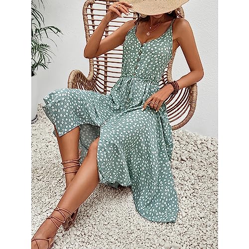BROVAVE Women's 2025 Summer Casual Boho Sundress Polka Dot Spaghetti Strap V Neck Flowy Midi Dresses(008 Green#2, Large) - Image 5