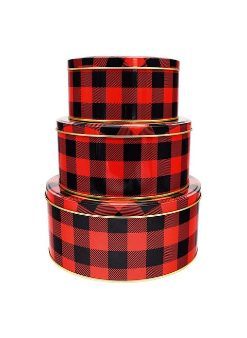 Black Duck Brand Set of 3 Round Holiday Decorative Nesting Tins - Largest Measures 8 in Diameter - Great For Storing Cookies, Brownies, and More! (Red/Black)