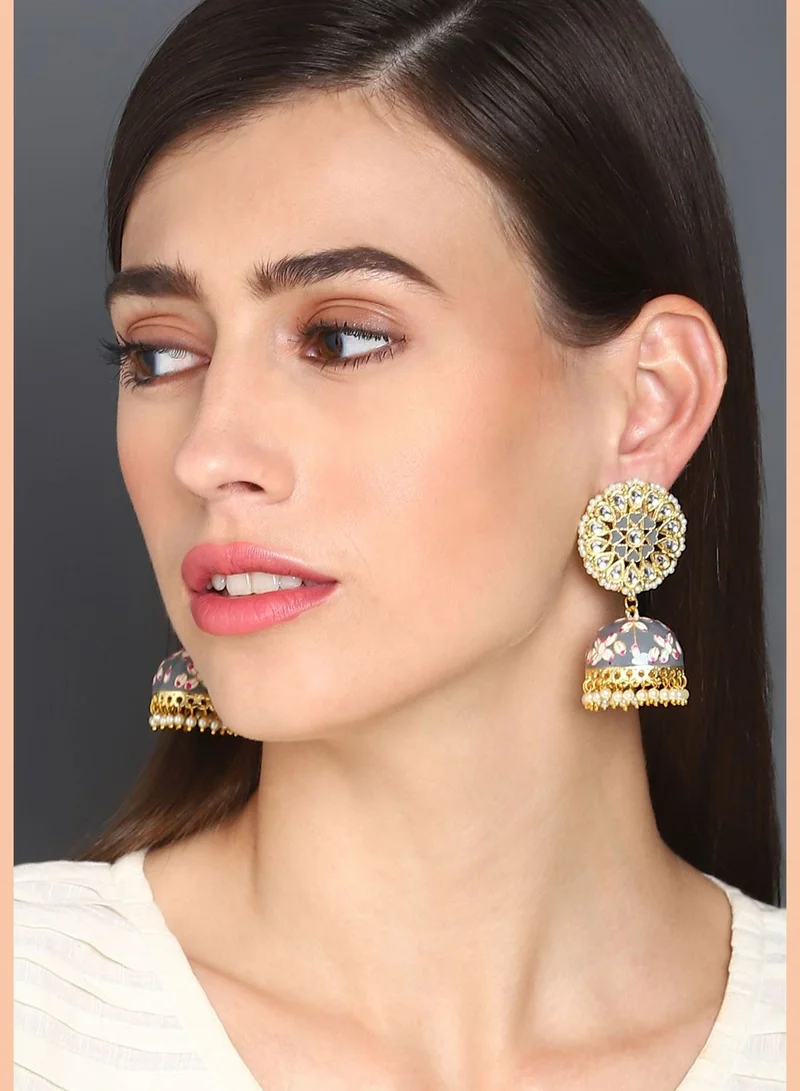SOHI Gold Plated Kundan Meenakari Jhumkas