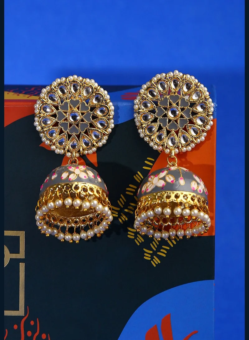 SOHI Gold Plated Kundan Meenakari Jhumkas