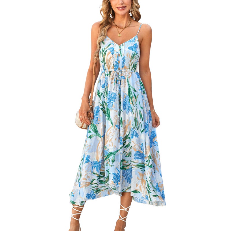 BROVAVE Women's 2026 Summer Casual Boho Sundress Polka Dot Spaghetti Strap V Neck Flowy Midi Dresses(008 Light Blue Floral, Large) - Image 1