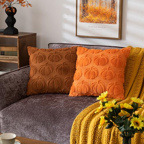 COSIBONO Pumpkin Fall Decorative Throw Pillow Covers 18"x18", Set of 2 Rust Red Soft Faux Fur Pillow Covers for Autumn Harvest, Fluffy Plush Accent Pillow Cases for Farmhouse Couch Cushion Covers - Image 5
