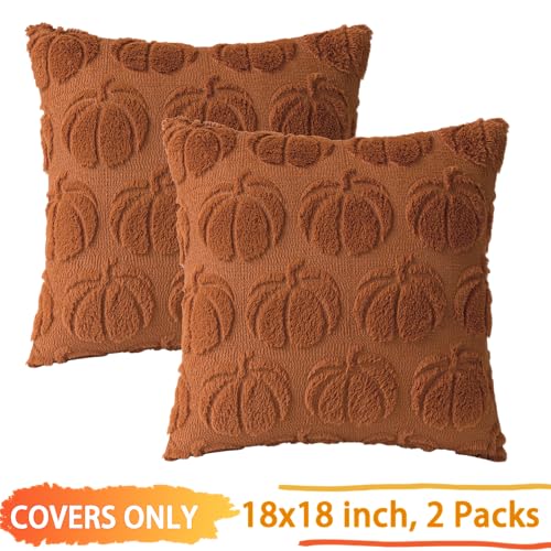 COSIBONO Pumpkin Fall Decorative Throw Pillow Covers 18"x18", Set of 2 Rust Red Soft Faux Fur Pillow Covers for Autumn Harvest, Fluffy Plush Accent Pillow Cases for Farmhouse Couch Cushion Covers - Image 3