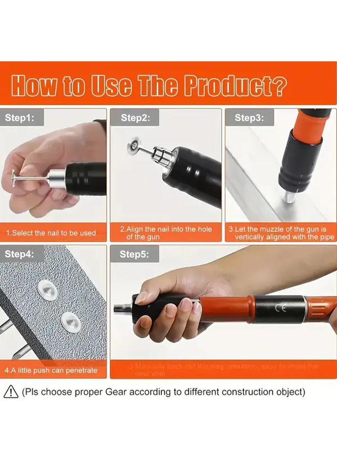 Orange 15 Pcs Manual Nail Gun Kit Heavy Duty Metal with Goggles for Concrete Brick Walls - Image 5