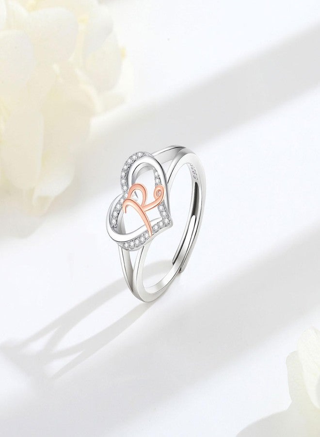 INFUSEU R Initial Ring Heart for Women Teen Letter Jewelry 925 Sterling Silver Adjustable Cute Capital Alphabet Monogram Gifts Girlfriend Wife Mother Her Birthday - Image 2